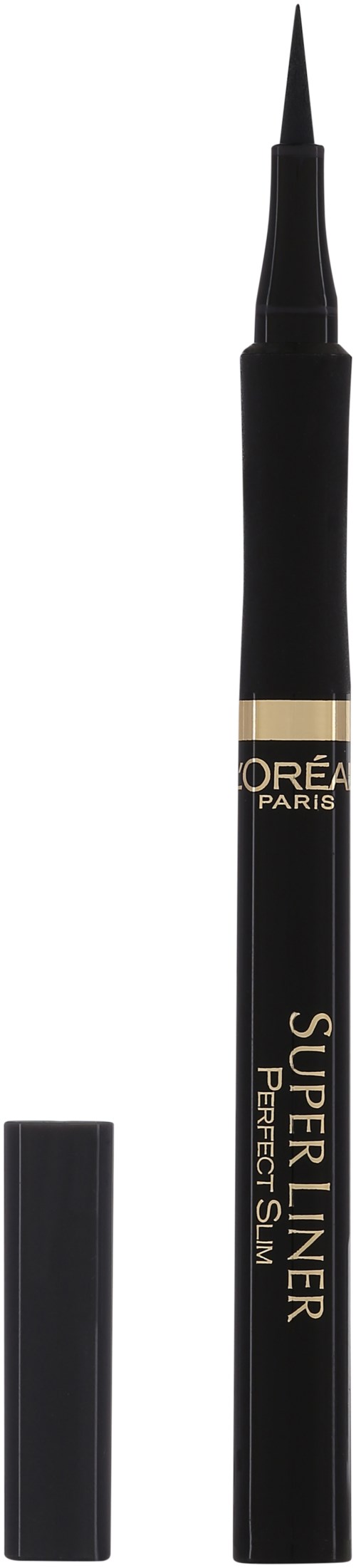 En svart flytande eyeliner penna med en spetsig spets och gulddekorerad etikett med texten 'L'Oréal Paris Super Liner Perfect Slim.'