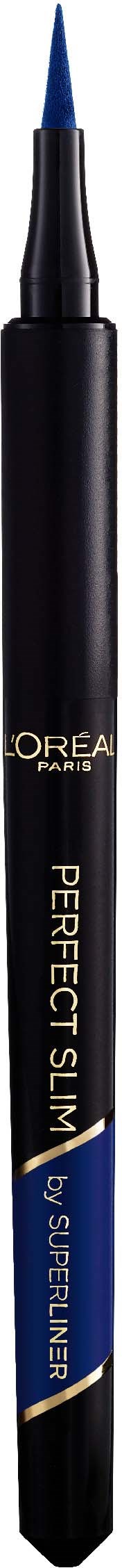 Een zwarte oogpotlood met blauwe punt en gouden tekst, gemerkt 'L'Oreal Paris Perfect Slim by Superliner'.
