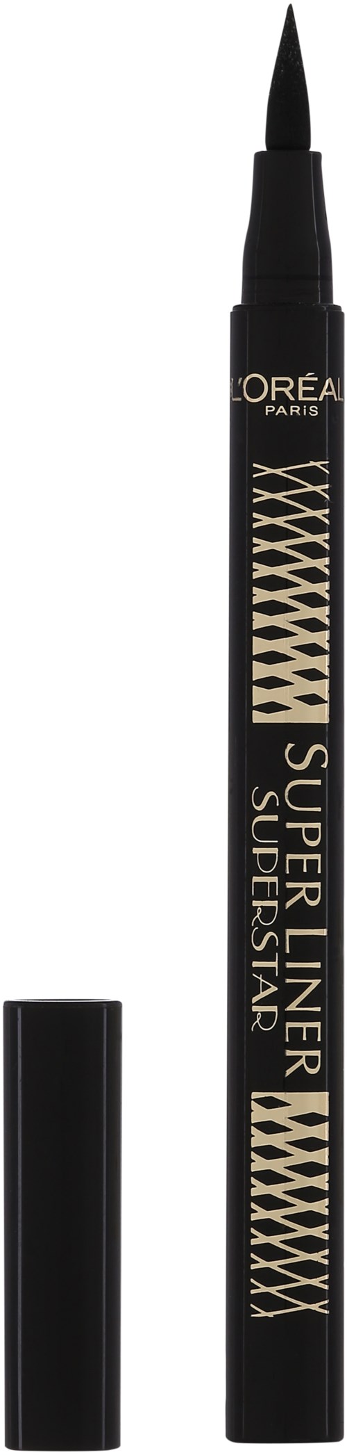 En svart ögonpenna med guldfärgad och beige design, märkt 'L'Oreal Paris Super Liner Super Star,' med lock.