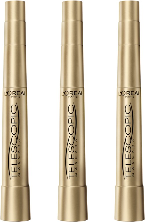 Tre gullfargede rør av L'Oréal Telescopic mascara står oppreist, med svart tekst og et elegant design.