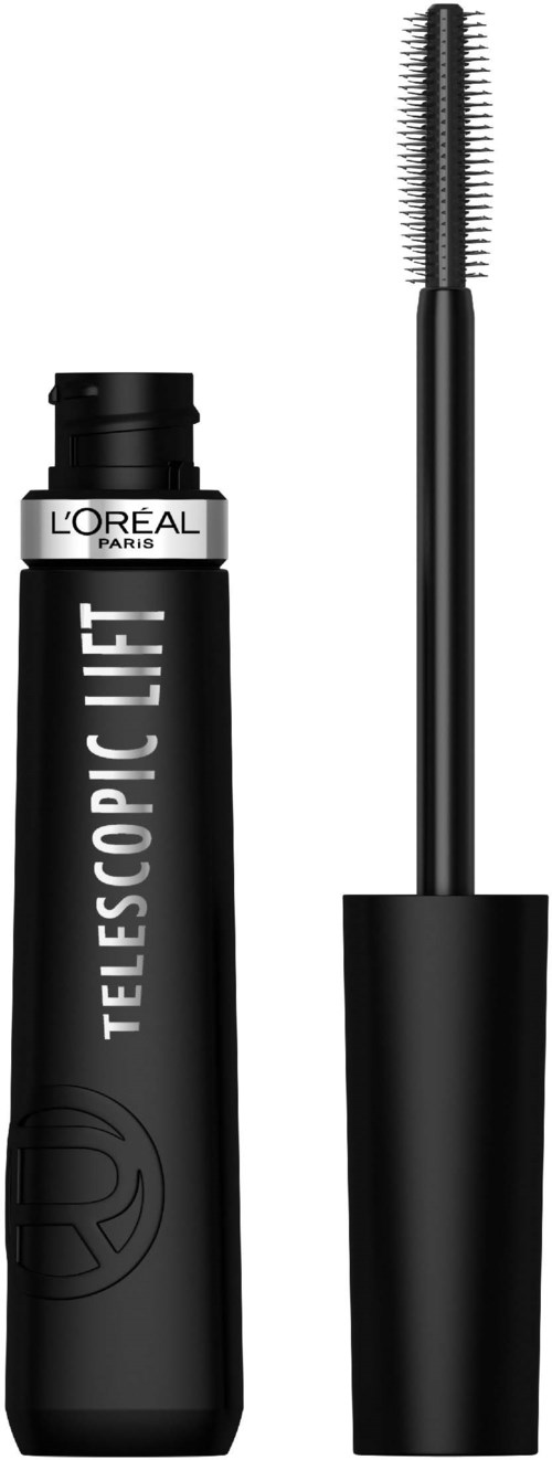 Eine schwarz Mascara-Flasche mit der Aufschrift 'Telescopic Lift', ohne Bürste, zeigt eine kleine, dichte Bürste.