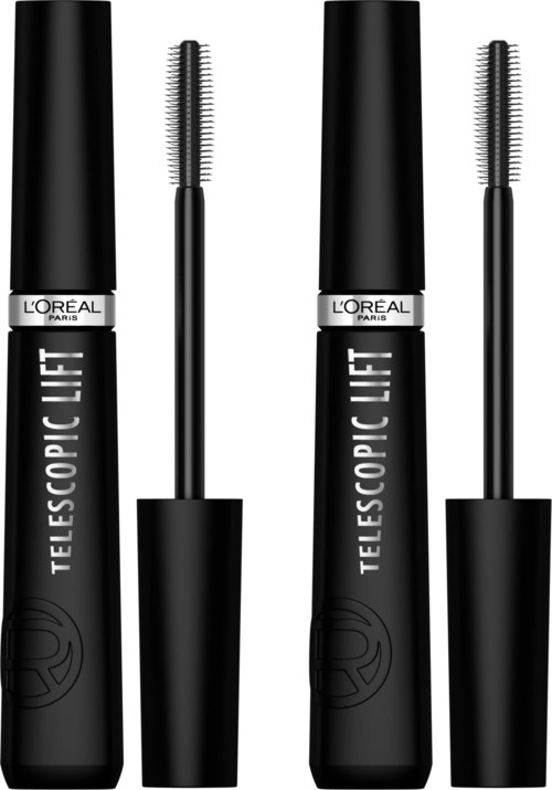 To svarte rør med L'Oreal Telescopic Lift mascara, hver med åpen buste applikator.