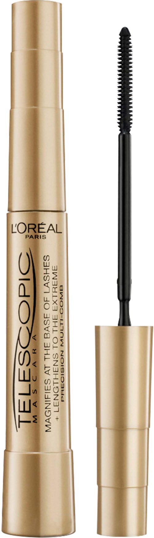 Gold and black mascara with a wand, labeled "L'Oreal Telescopic" for long, defined lashes.