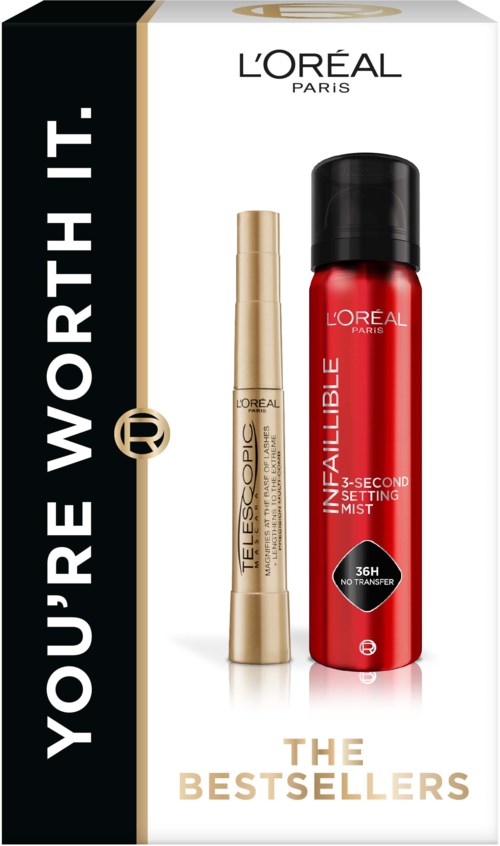 L'Oreal Paris-logo med makeupprodukter, et gullrør og en rød sprayflaske, på hvit og svart bakgrunn.