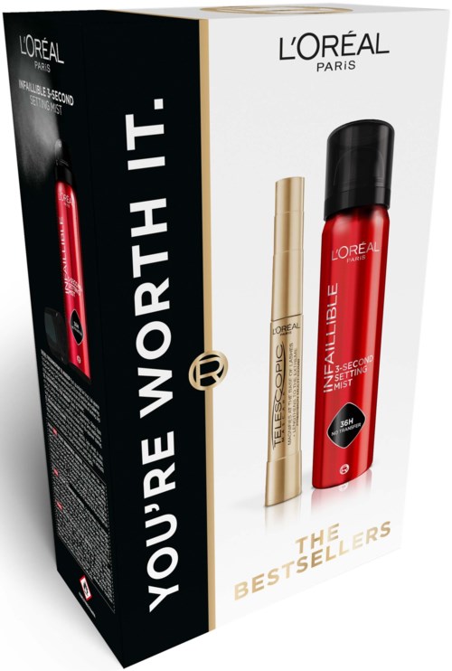 L'Oréal Paris produktsett inneholder en rød hudpleiespray, gulløyeserum og merkelapp, fremmer hudpleie.