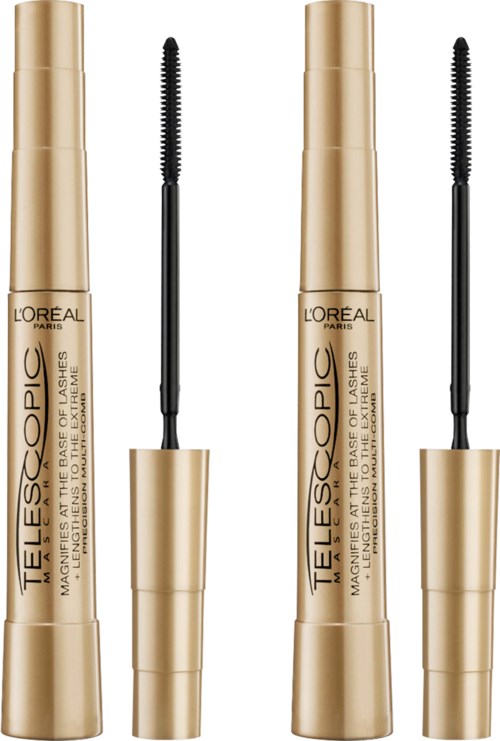 Twee gouden mascara-hulzen met zwarte borstels en open deksels, gelabeld L'Oréal Telescopic Mascara.