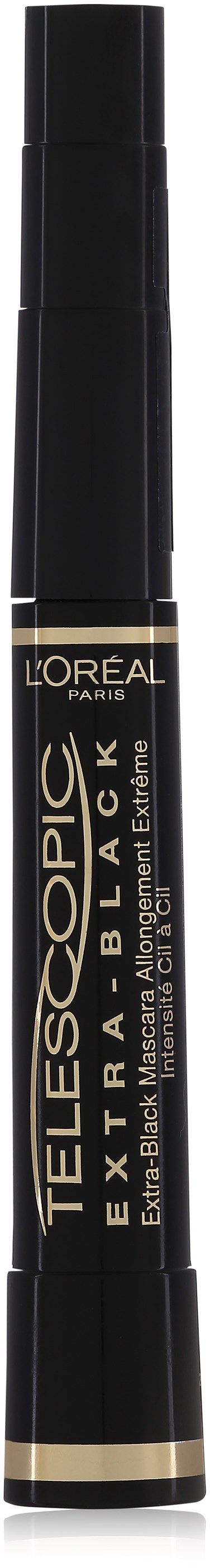 Musta silmänrajauskynä, jossa kultainen ja valkoinen teksti, nimeltä 'L'Oréal Telescopic Carbon Black.'