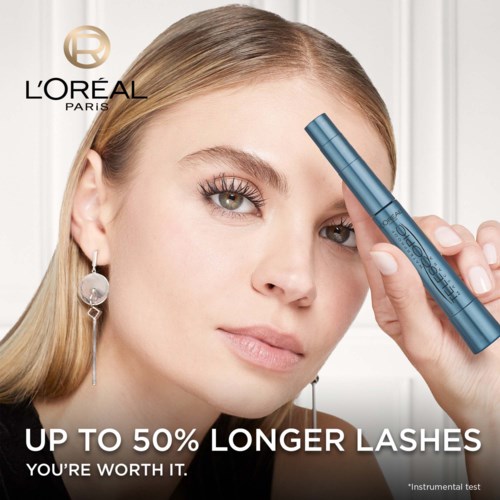 L'Oréal Paris logo and a woman applying mascara, promoting longer lashes up to 50%.