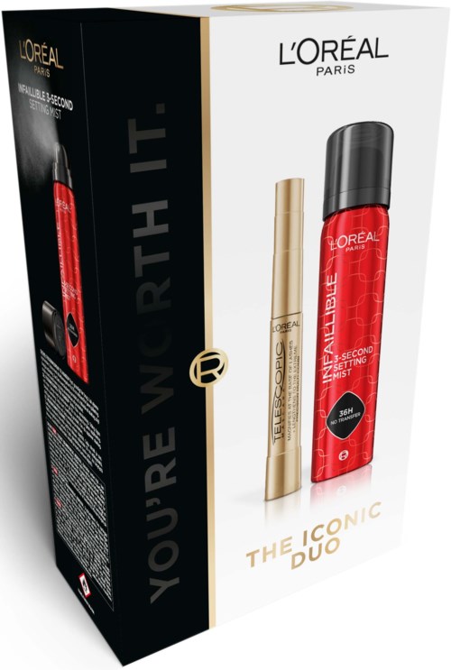A box displays L'Oréal skincare products, including a red serum and a gold bottle, with gold and black accents.