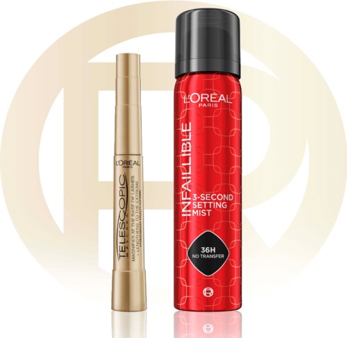 Two makeup products: a beige concealer stick and a red spray can of setting mist. Background has a faint logo.