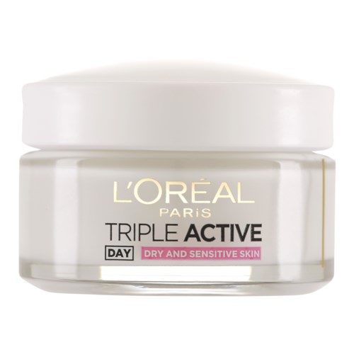 Ein weißer Cremetopf von L'Oréal für trockene und empfindliche Haut, beschriftet Triple Active Day.