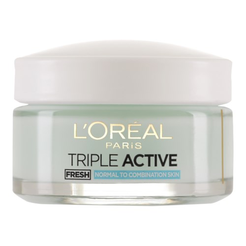 Słoik L'Oreal pielęgnacji skóry z napisem 'Triple Active' dla skóry normalnej do mieszanej, świeża formuła.