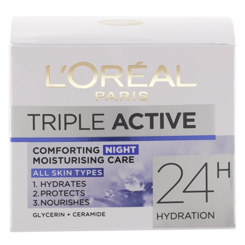 L'Oréal Paris Triple Active nachtcrème voor alle huidtypes, biedt 24 uur hydratatie en bescherming.