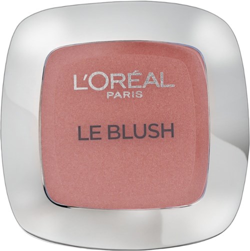 Ein pinkfarbenes Rouge-Produkt mit der Aufschrift 'L'Oréal Paris Le Blush' in einer quadratischen Form mit abgerundeten Ecken und silbernem Rand.