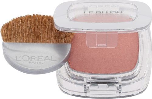 Ein Rouge-Palette mit Pinsel, beschriftet 'Le Blush,' in einem klaren Behälter mit pinkem Makeup.