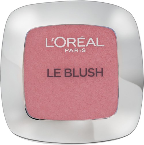 Ein rosa Blush in einer quadratischen silbernen Verpackung mit Klarsichtdeckel, beschriftet L'Oréal Paris Le Blush.