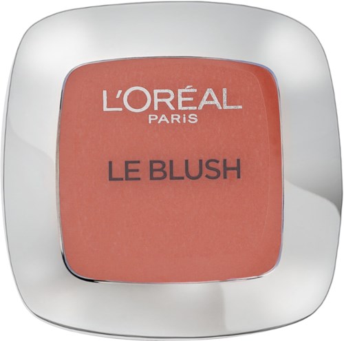 Ein Make-up-Produkt mit der Bezeichnung L'Oréal Paris Le Blush, in einem quadratischen Behälter mit abgerundeten Ecken und orangefarbenem Rouge.