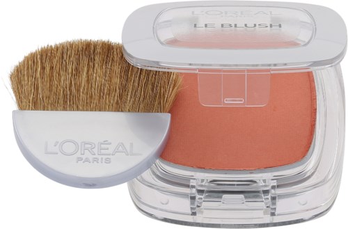 Ein Rouge-Set mit Pinsel und peach-farbenem Rouge in klarem Gehäuse.