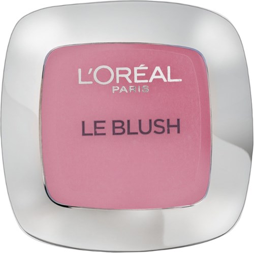 Ein rosa Rouge in einer weißen quadratischen Dose mit abgerundeten Ecken. Die Marke ist L'Oréal Paris, und es steht Le Blush.
