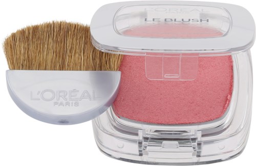 Ein rosa Rouge und ein Make-up-Pinsel von L'Oréal in einem transparenten Plastikbehälter.
