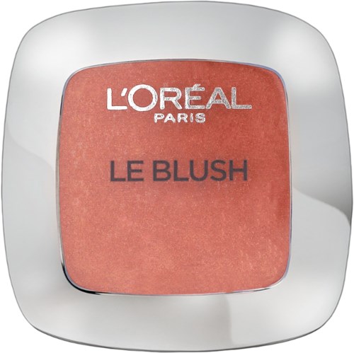 En rund rougecontainer med vit kant, rött-orange rouge inuti och orden 'L'OREAL PARIS LE BLUSH' på toppen.
