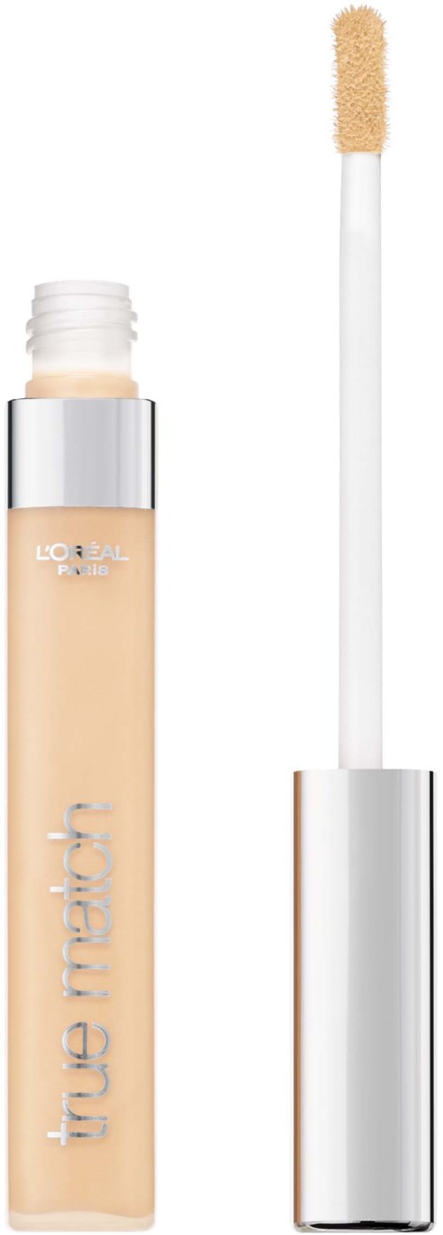Flüssiger Concealer mit Applikator, in einem beigen Röhrchen mit silberner Kappe und weißem Griff.