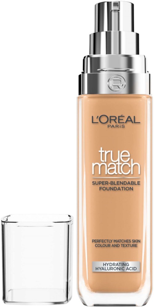 Eine Flasche L'Oreal True Match Foundation mit Pumpenspender und transparentem Deckel.