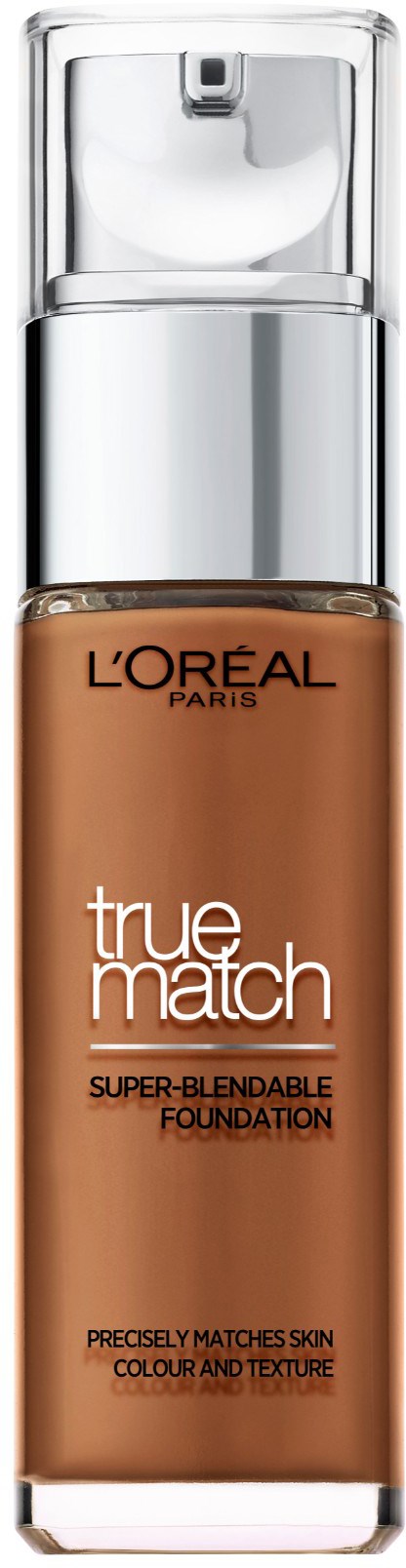 En foundationflaska med pump, märkt 'L'Oreal True Match', i en ljusbrun nyans.