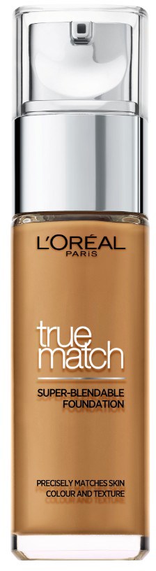 En flaska av L'Oreal True Match foundation med pump, beige färg och genomskinlig lock.