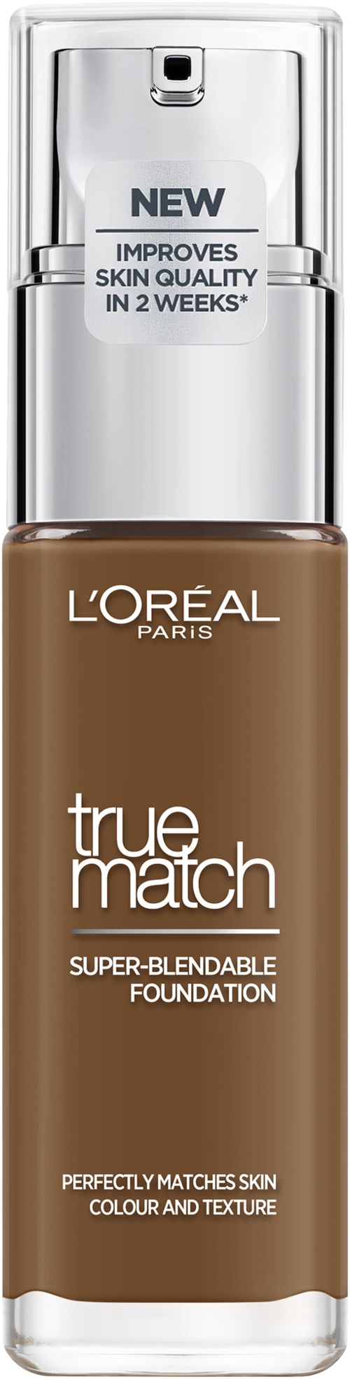 En foundationflaska med pump, märkt 'L'Oréal True Match,' påstår sig förbättra huden på två veckor.