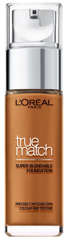 En fondationsflaska märkt 'L'Oréal Paris True Match Super-Blendable Foundation' med pump och genomskinligt lock.