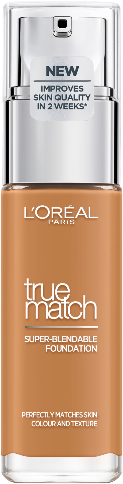 En foundationflaska från L'Oréal Paris, som främjar hudmatchning och textur, med en ny formel för bättre hudkvalitet.