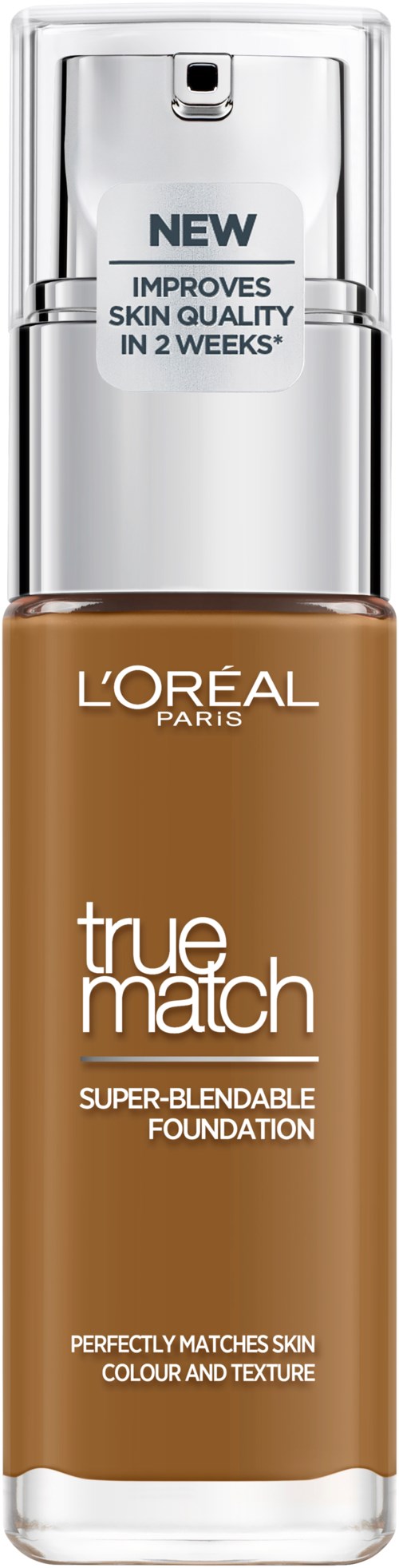 En foundationflaska från L'Oréal Paris, märkt 'true match', påstår sig matcha hudton och förbättra hudkvaliteten.