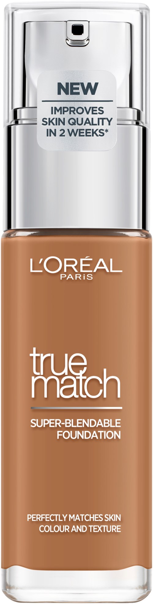 L'Oréal True Match foundationflaska med pump, märkt som förbättrar hudkvaliteten på två veckor.