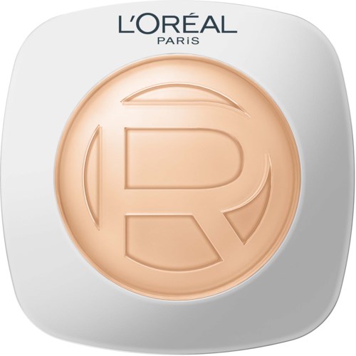 En kompakt makeupprodukt med en beige pressad puder präglad med ett stort 'R' och 'L'Oréal Paris' ovanför.