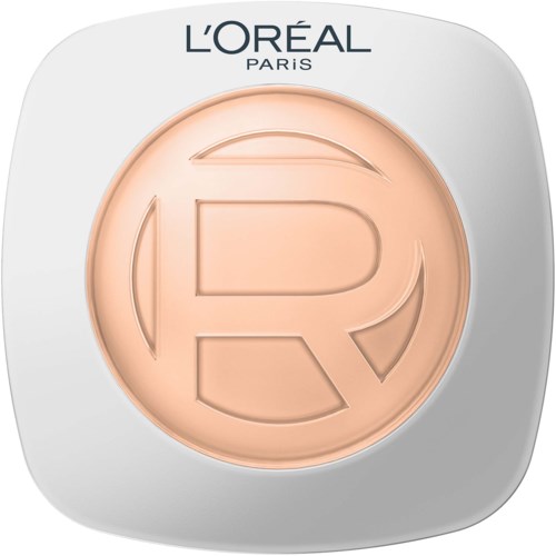L'Oréal Paris-logga på ett ansiktspuddraserumi med en ljus persikofärg.