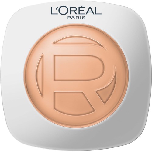 L'Oréal-logotypen med ett beige sminkprodukt i en vit behållare i kvadratform. Varumärket längst upp.