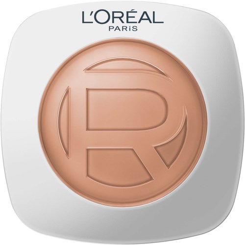 En rouge med ett upphöjt 'R' och omgivande form inuti ett vitt kompaktor från L'Oréal Paris.