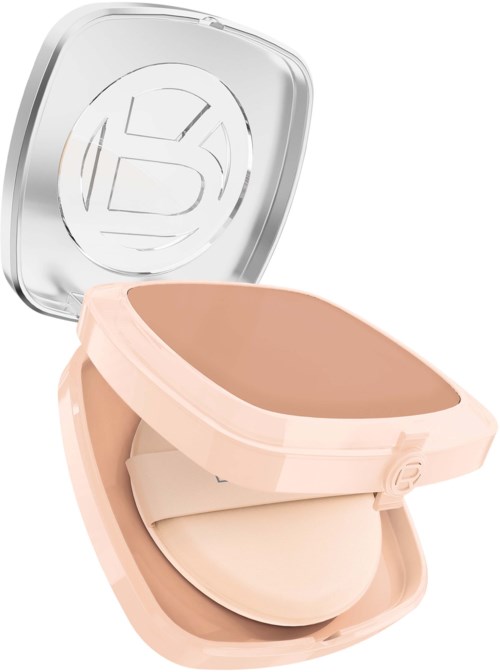 En rouge-färgad compact med spegel inuti, innehållande puder eller blush.