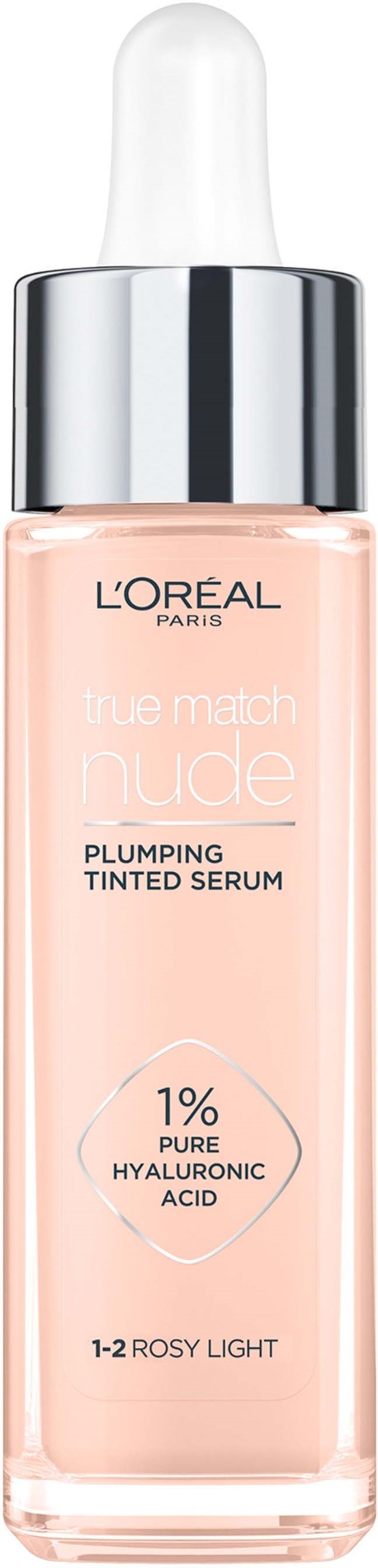 Eine Flasche pinkfarbene getönte Seren mit Tropfer, beschriftet L'Oreal Paris, enthält 1% Hyaluronsäure.