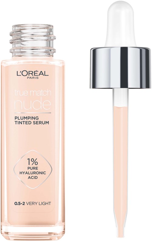Een kleine flesje van L'Oréal serum met pipet, gemarkeerd als hydraterend en licht voor de huid.