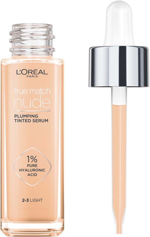 Flesje serum met pipet, gemarkeerd L'Oréal en 1% zuivere hyaluronzuur.