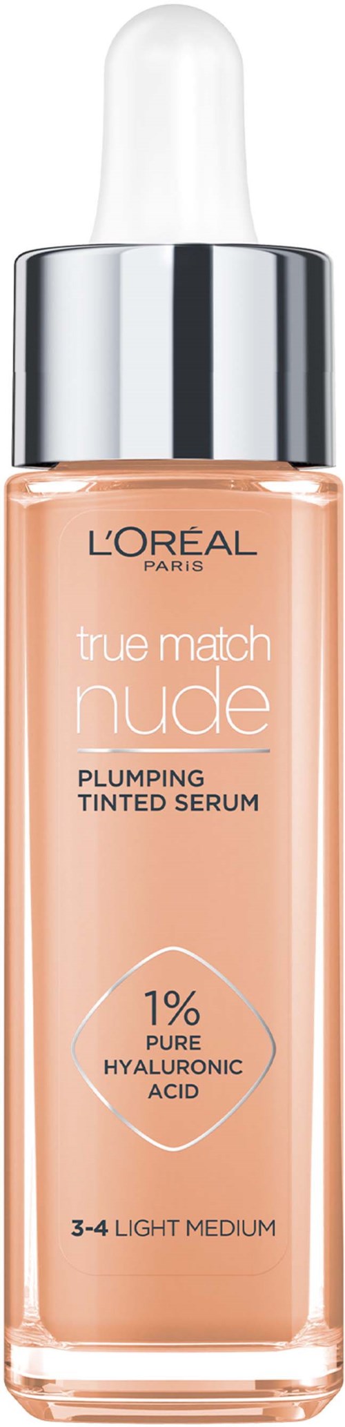 Eine Flasche L'Oreal Serum mit dem Label True Match Nude Plumping Tinted Serum, enthält 1% reinen Hyaluronsäure für helle Haut.