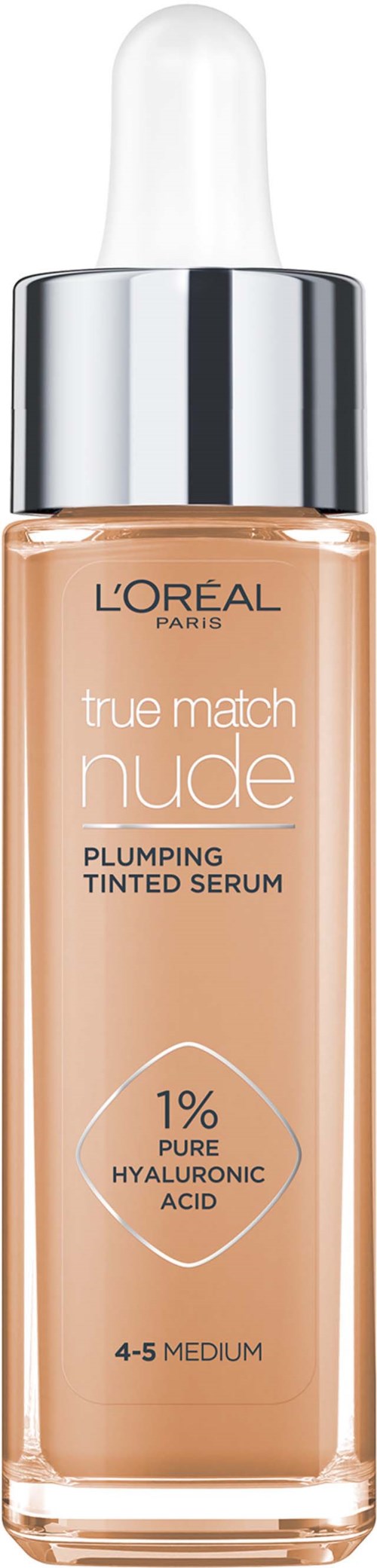 Een flesje L'Oreal True Match Nude huidserum met pipetdop, beschrijft het als een hydraterend skincare product met medium dekking.
