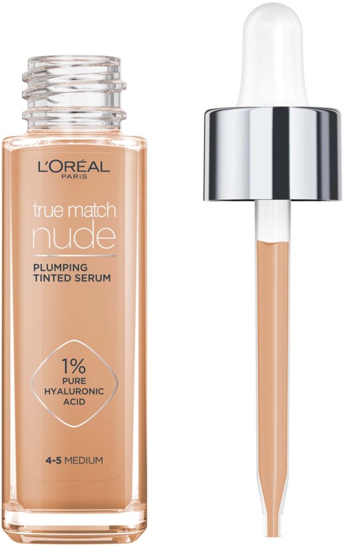 Een huidverzorgingsserumbottle met pipet, gemarkeerd L'Oréal, bevordert hydratatie en bevat 1% hyaluronzuur.