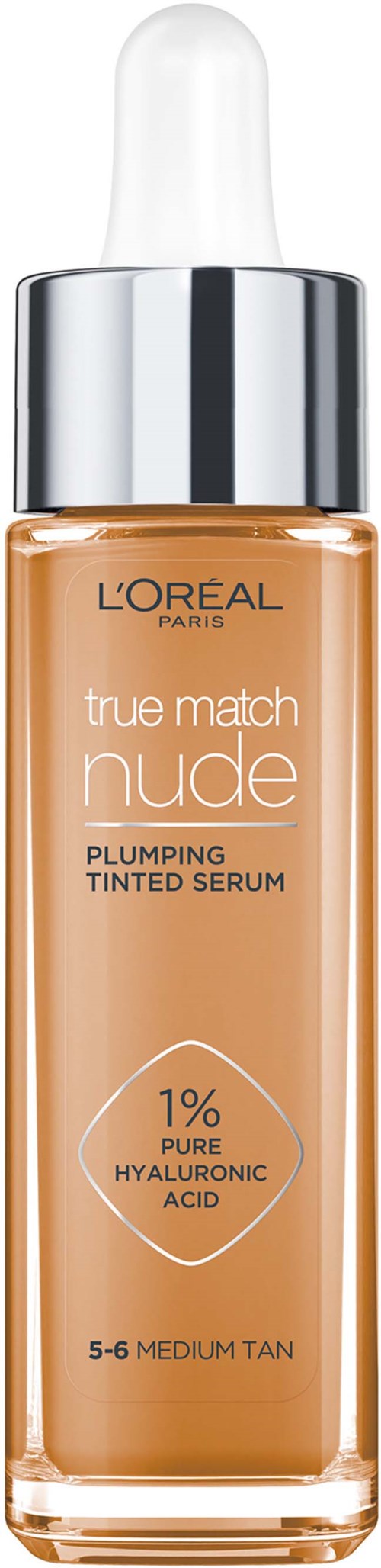 Eine Flasche L'Oreal getöntes Serum für mitteltanige Haut mit Hyaluronsäure, in einer klaren Glassflasche mit Pipette.