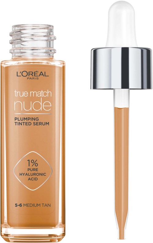 Eine Tropfflasche mit getöntem Serum von L'Oreal und Hyaluronsäure, neben einer Pipette.