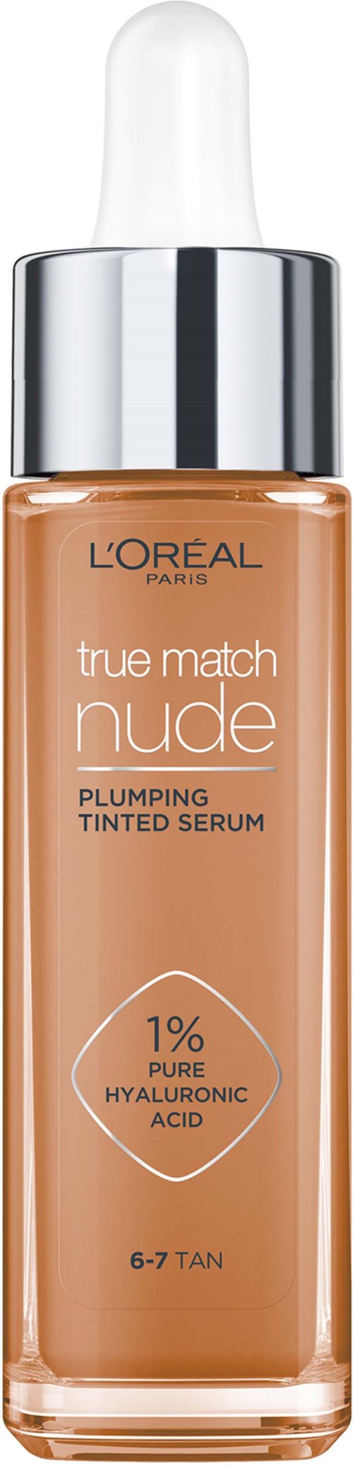 Eine Flasche getöntes Serum mit weißen Tropfender, L'Oreal True Match Nude, für braune Haut, enthält Hyaluronsäure.