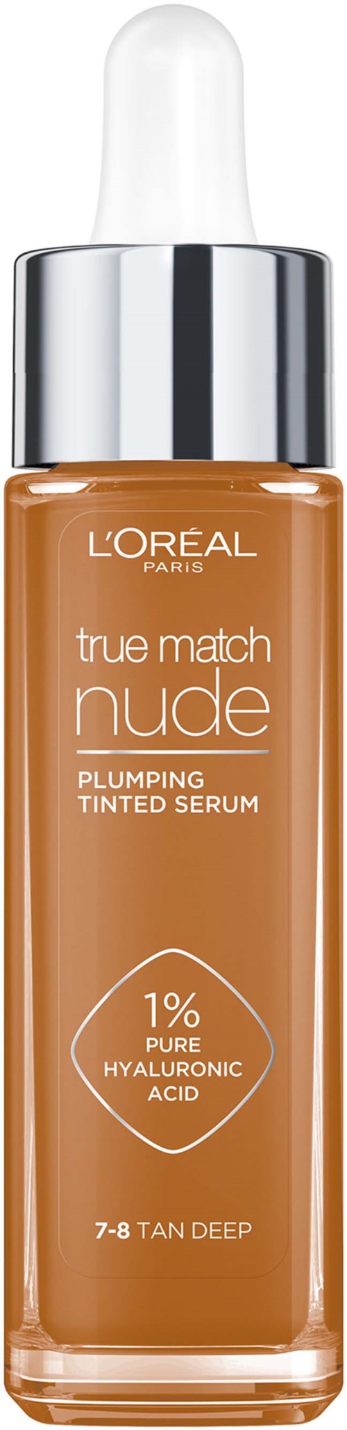 Eine Flasche L'Oreal True Match Nude getöntes Serum mit Pipette, beschriftet mit Inhaltsstoffen und Hauttoninformationen.