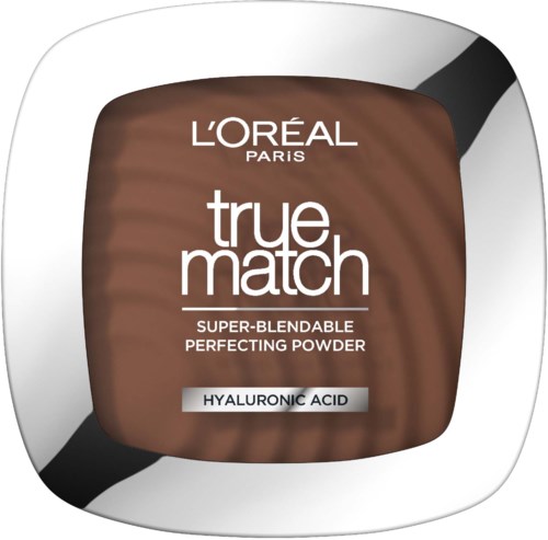Ett kompakt, runt förpackning märkt L'Oréal True Match super-blandbar puder med hyaluronsyra.